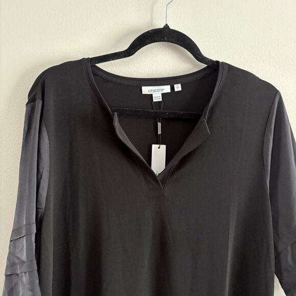 Chicos Women Sz 2 US L Black Notched Neckline Jersey Satin Tiered-Sleeve Tee NWT - Picture 7 of 13